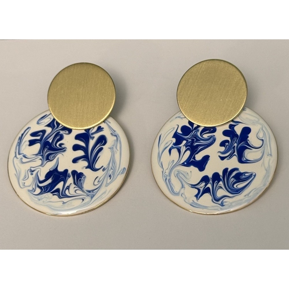 Ana Luisa Mini Kinoko Blue Marble Enamel Gold Drop Earrings Signed Coastal Large